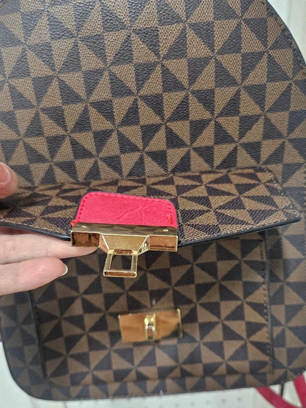 Source Unknown Brown Geometric Backpack with Red Accent